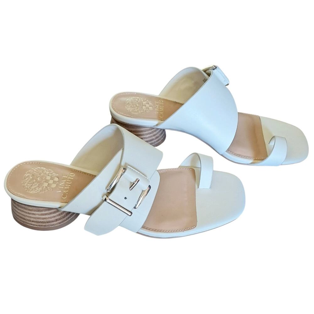 VINCE CAMUTO Cream Leather Lenqua Sandals Size 8M Round Block Heel Preppy Summer - Picture 2 of 10